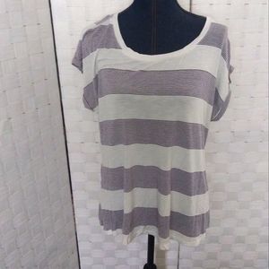 Dept 222 short sleeve PL cream with blue stripes blouse with fun opening in back
